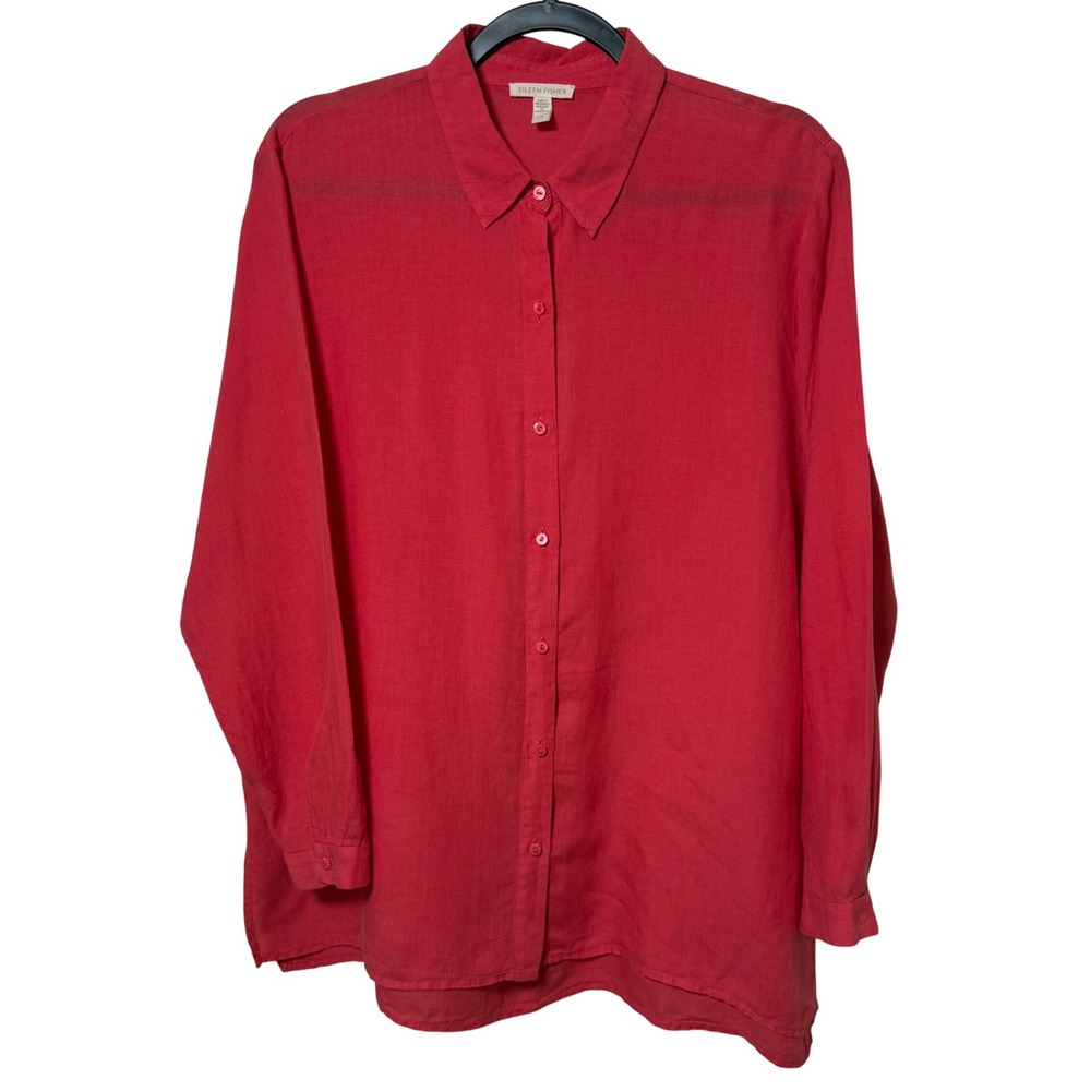 Eileen Fisher Womens Medium Coral Red Linen Button Down Long Sleeve Shirt Tunic